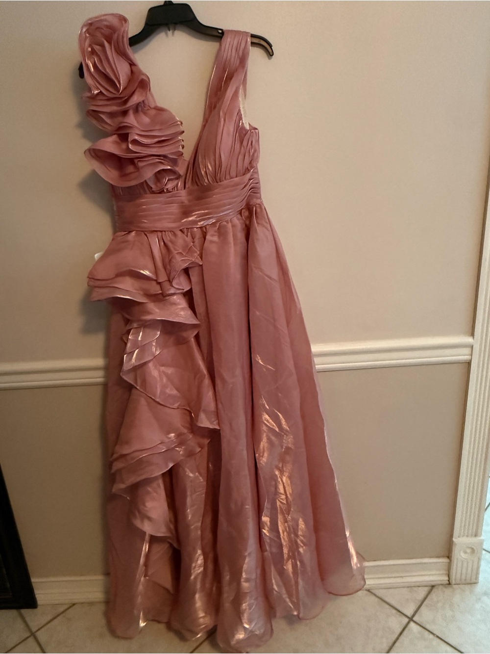 Azazie Dusty Rose One-Shoulder Ruffle Evening Gown